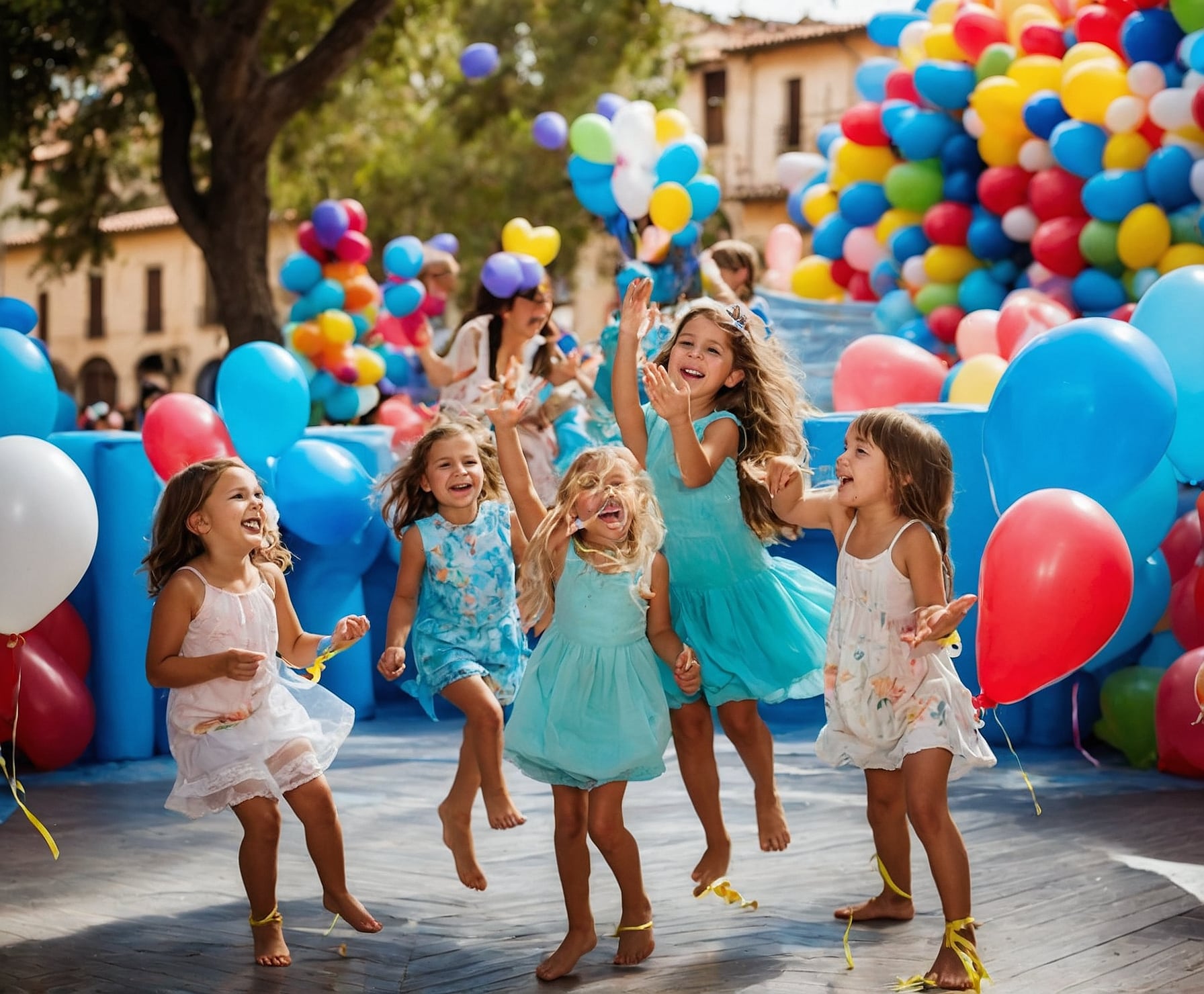 Imagen de fiesta con hinchables y diversión.