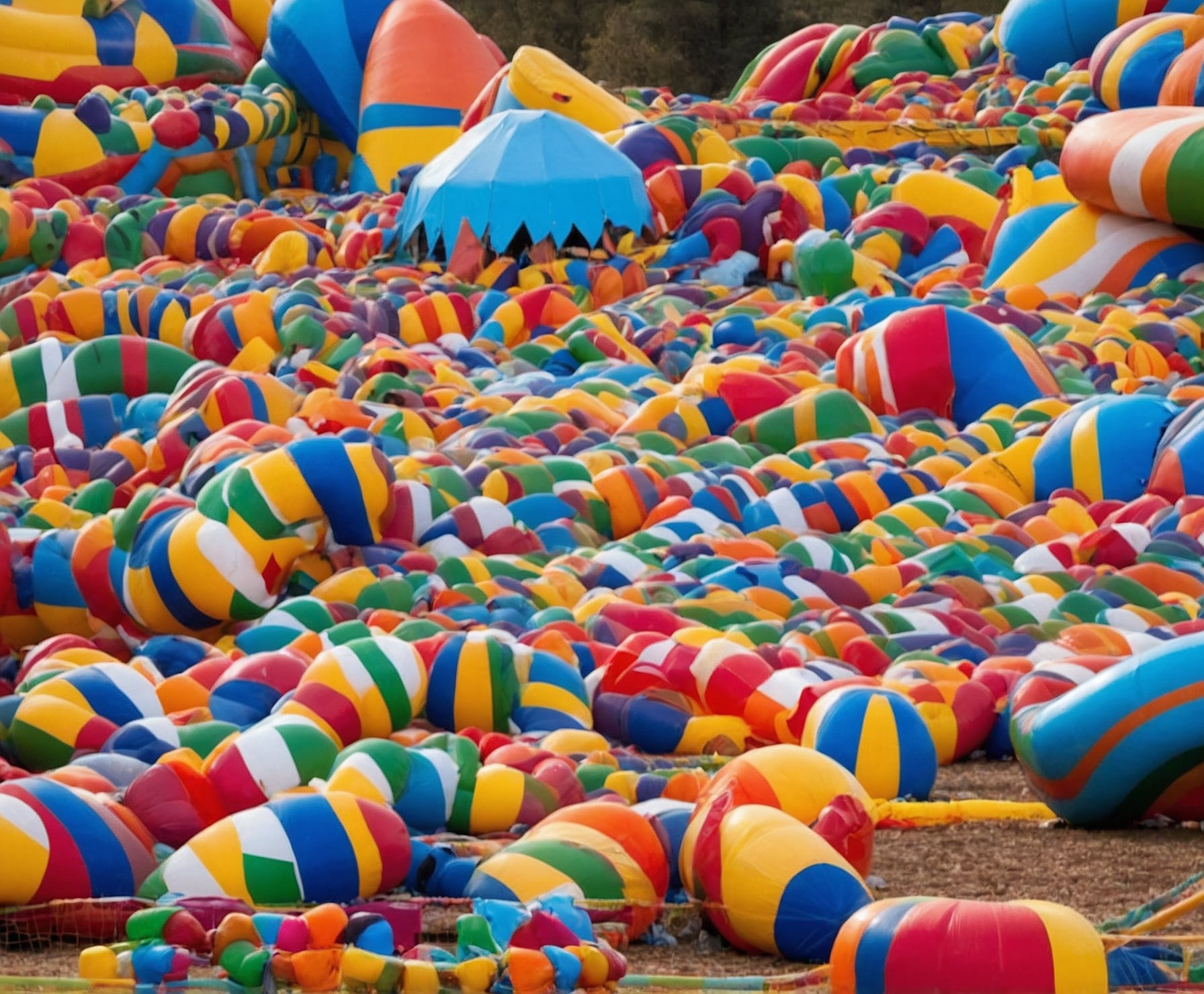 Hinchables coloridos en parque de atracciones.